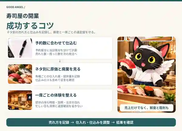 寿司屋の予約に合わせた仕込み、ネタ別の原価・廃棄、一席ごとの体験を見直す図。羽の生えた黒猫を寿司カウンターに描く。