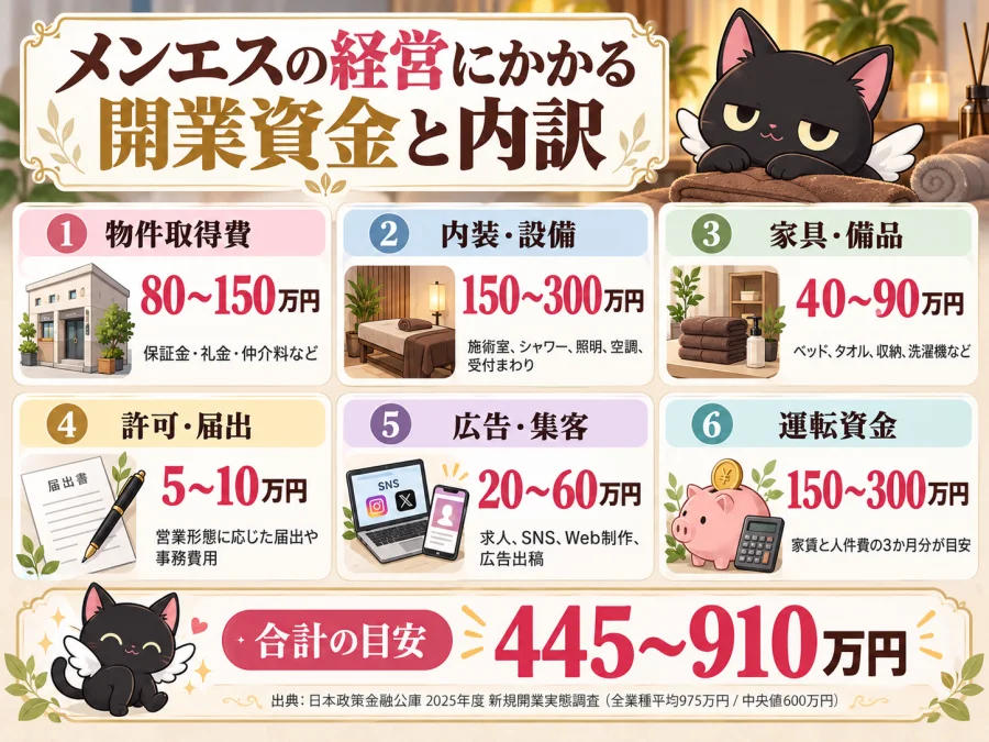 メンエスの経営の開業資金6項目と合計の目安