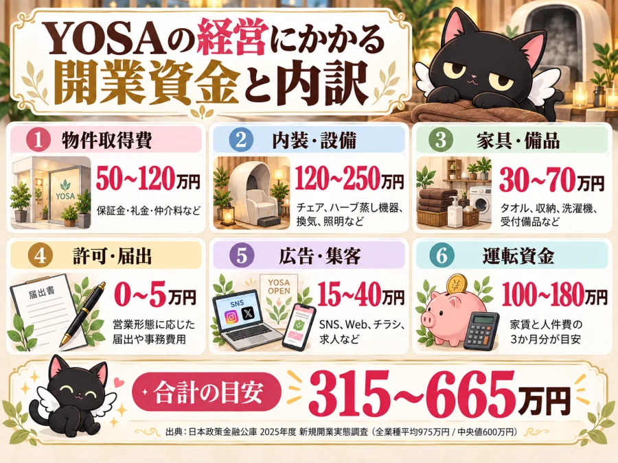 YOSAの経営の開業資金6項目と合計の目安