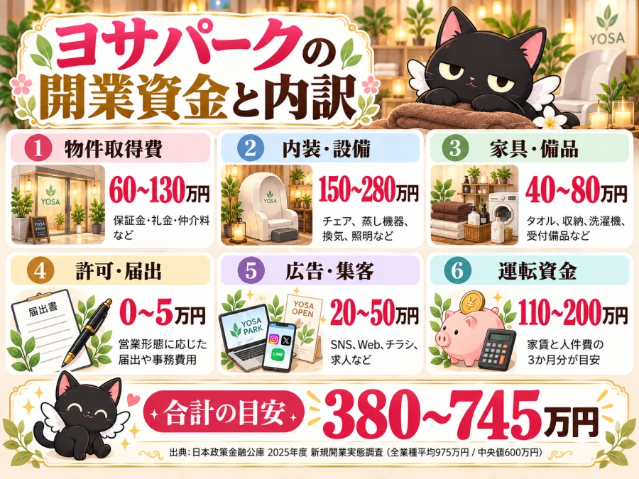 ヨサパークの開業の開業資金6項目と合計の目安