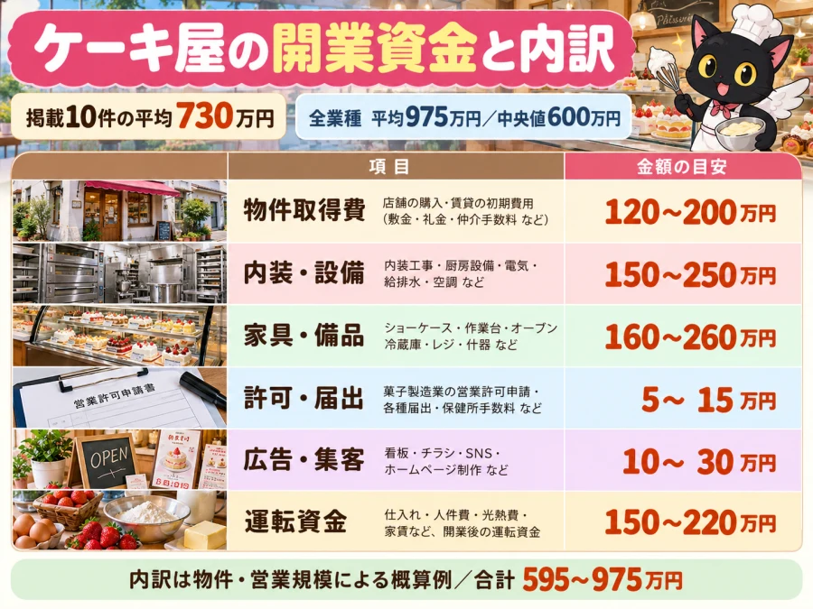 ケーキ屋の開業の開業資金と6項目の内訳