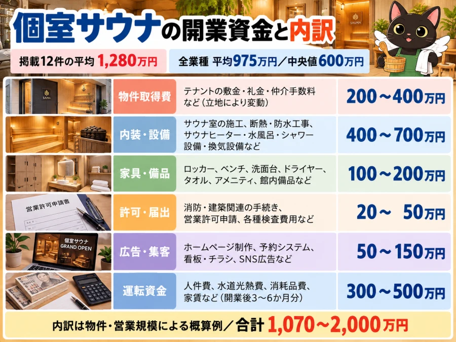 個室サウナの開業の開業資金と内訳