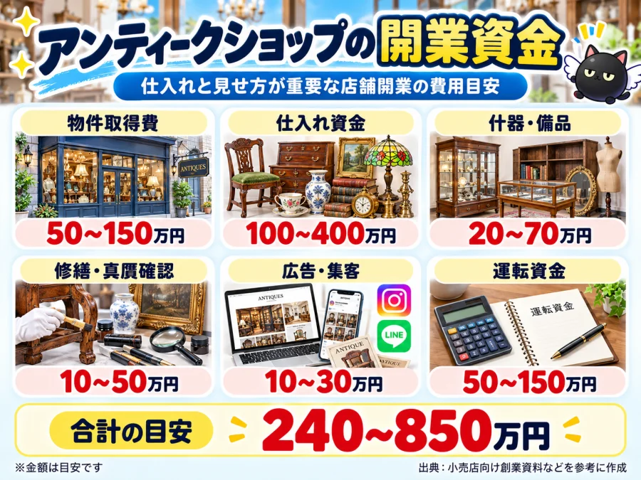 アンティークショップの開業の開業資金と内訳