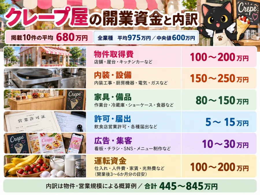 クレープ屋の開業の開業資金と内訳