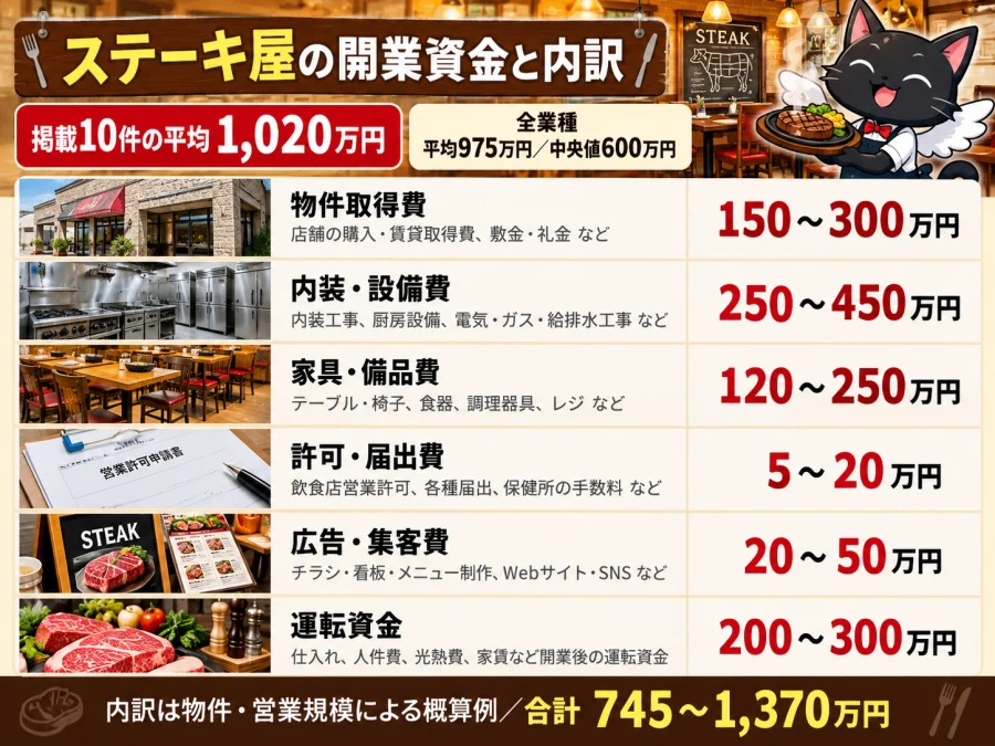 ステーキ屋の開業の開業資金と内訳