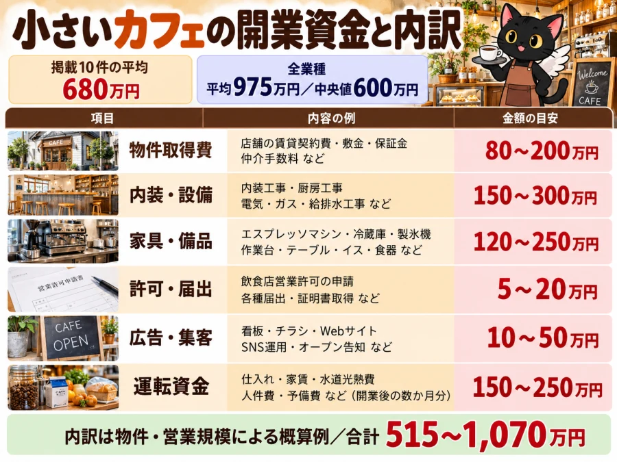 小さいカフェの開業の開業資金と内訳