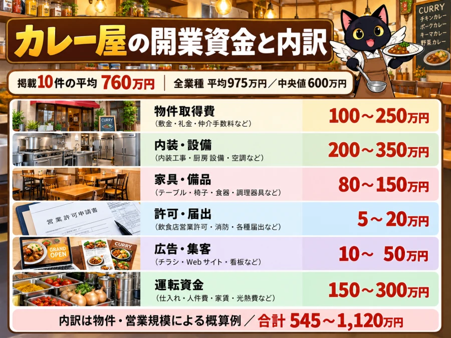 カレー屋の開業資金と内訳。物件取得費、厨房設備、内装・設備、許可・届出、広告・集客、運転資金の目安