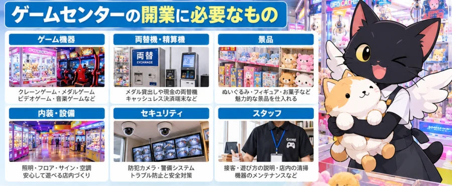 ゲームセンター営業許可と物件、遊技設備、防犯体制の図