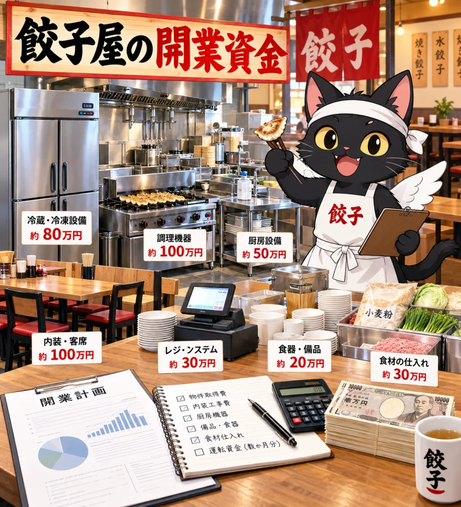 餃子屋の開業資金と内訳を示す図