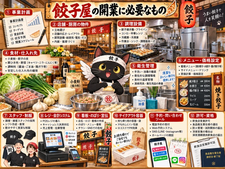 餃子店に必要な許可、衛生管理、設備、仕入れ、人員の図