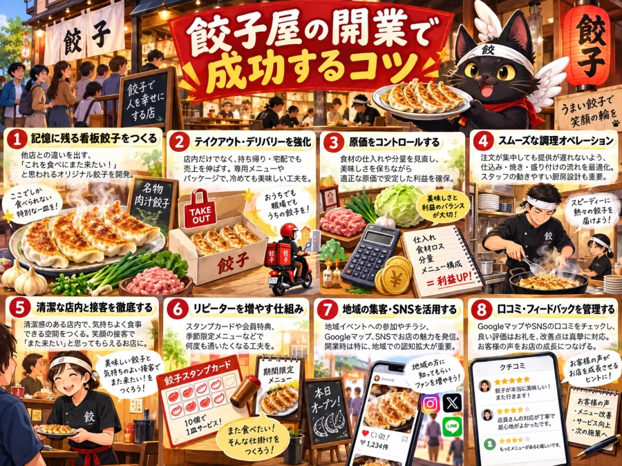 餃子店を続けるための看板商品、原価、仕込み、販路の図
