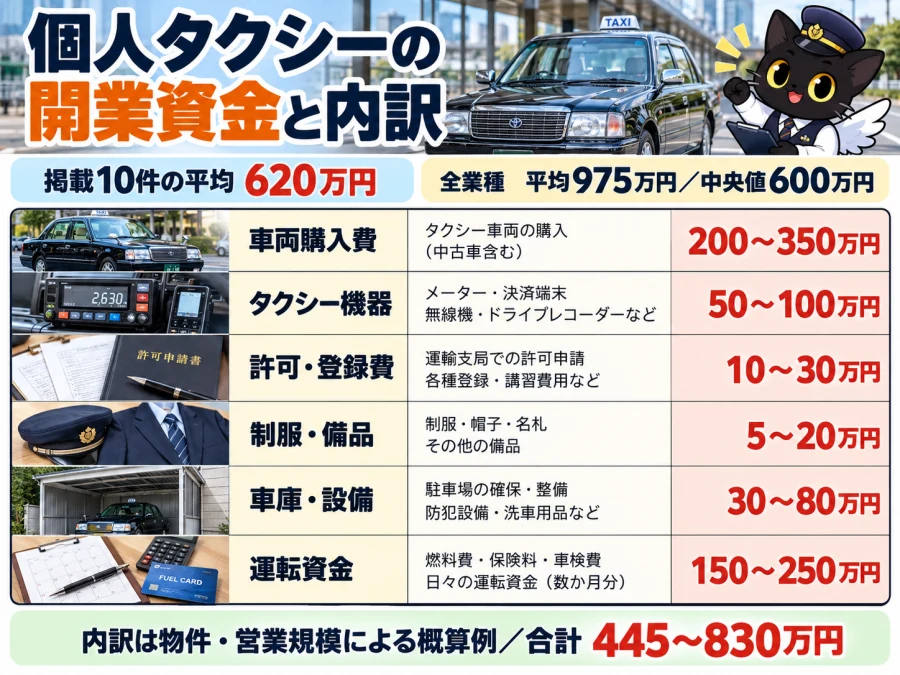 個人タクシーの開業資金と内訳。車両取得費、車載機器・整備、登録・許可、保険・諸経費、広告・集客、運転資金の目安