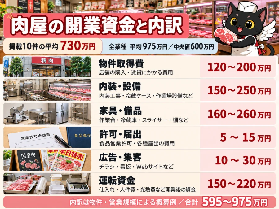 肉屋の開業資金の掲載平均730万円、全業種調査の平均と中央値、6項目の概算内訳を示す図