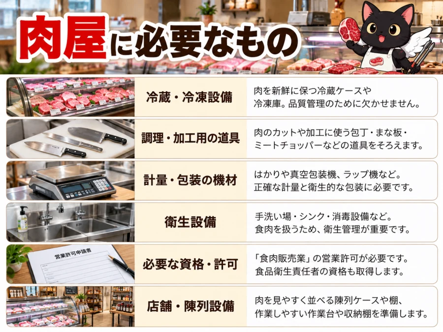 食肉販売業の営業許可、食品衛生責任者、冷蔵設備、仕入れ先、場所、衛生管理の図