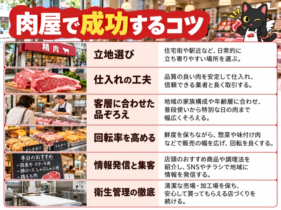 精肉店の商圏調査、部位別販売、仕入れ調整、鮮度管理、地域販路、創業資金相談の図
