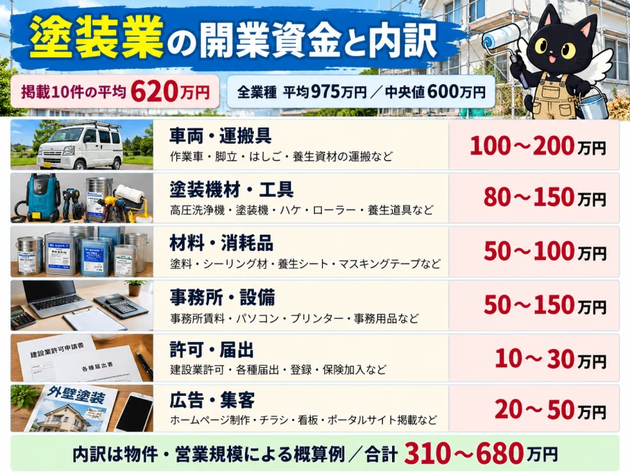 塗装業の開業資金と内訳。車両取得費、塗装機材・工具、足場・安全用品、許可・届出、広告・集客、運転資金の目安