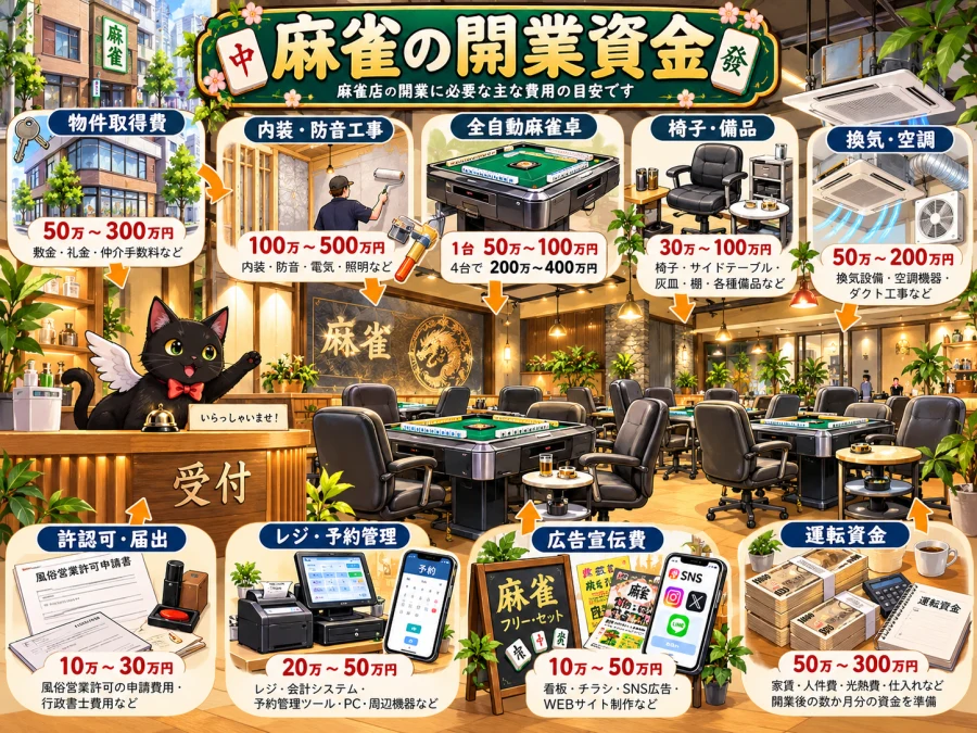 麻雀店の物件・内装、麻雀卓・備品、開業準備・運転資金を整理した図。羽の生えた黒猫を受付に描く。