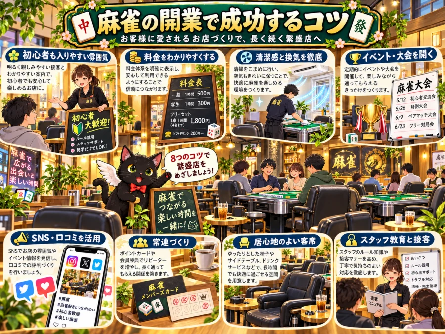 麻雀店の空卓・待ち時間の記録、料金・ルールの表示、初心者への案内を示す図。羽の生えた黒猫を店内に描く。