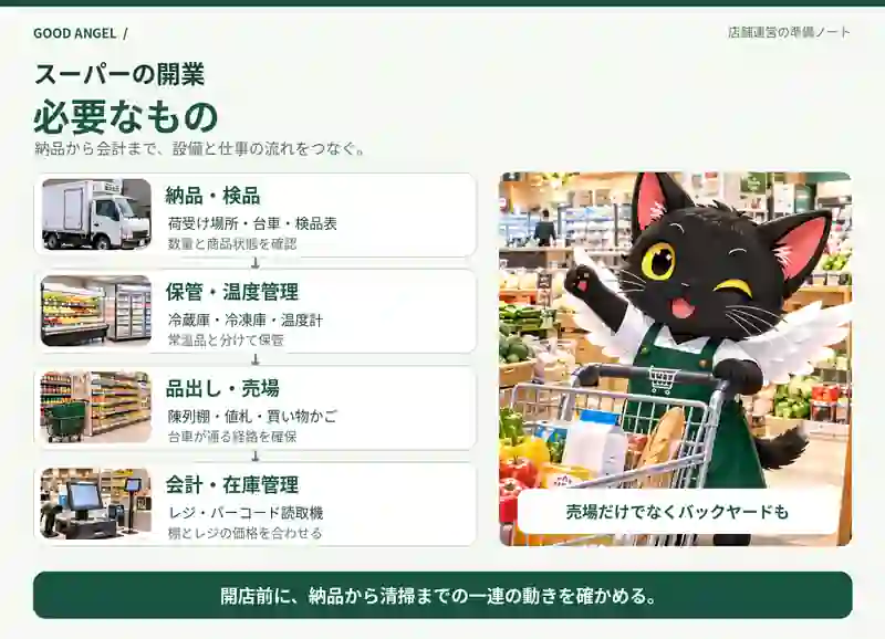 スーパーの納品・検品、保管・温度管理、品出し・売場、会計・在庫管理をつなぐ図。冷蔵ケース、陳列棚、レジと、売場にいる羽の生えた黒猫を描く。