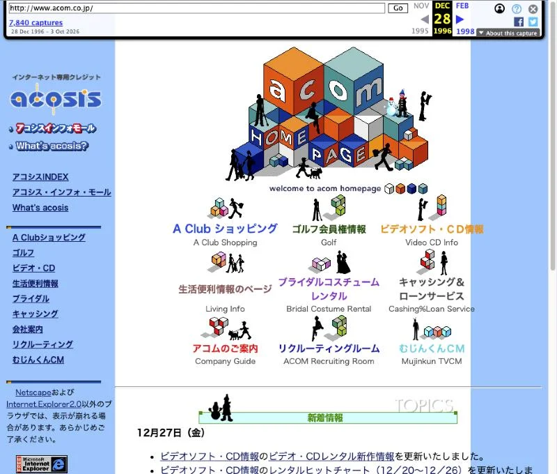インターネットアーカイブに残る、1996年12月28日のアコムのホームページ