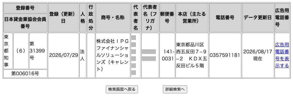 金融庁「登録貸金業者情報検索」で商号に「キャレント」と入れた結果（2026年10月5日・代表者名は伏せています）