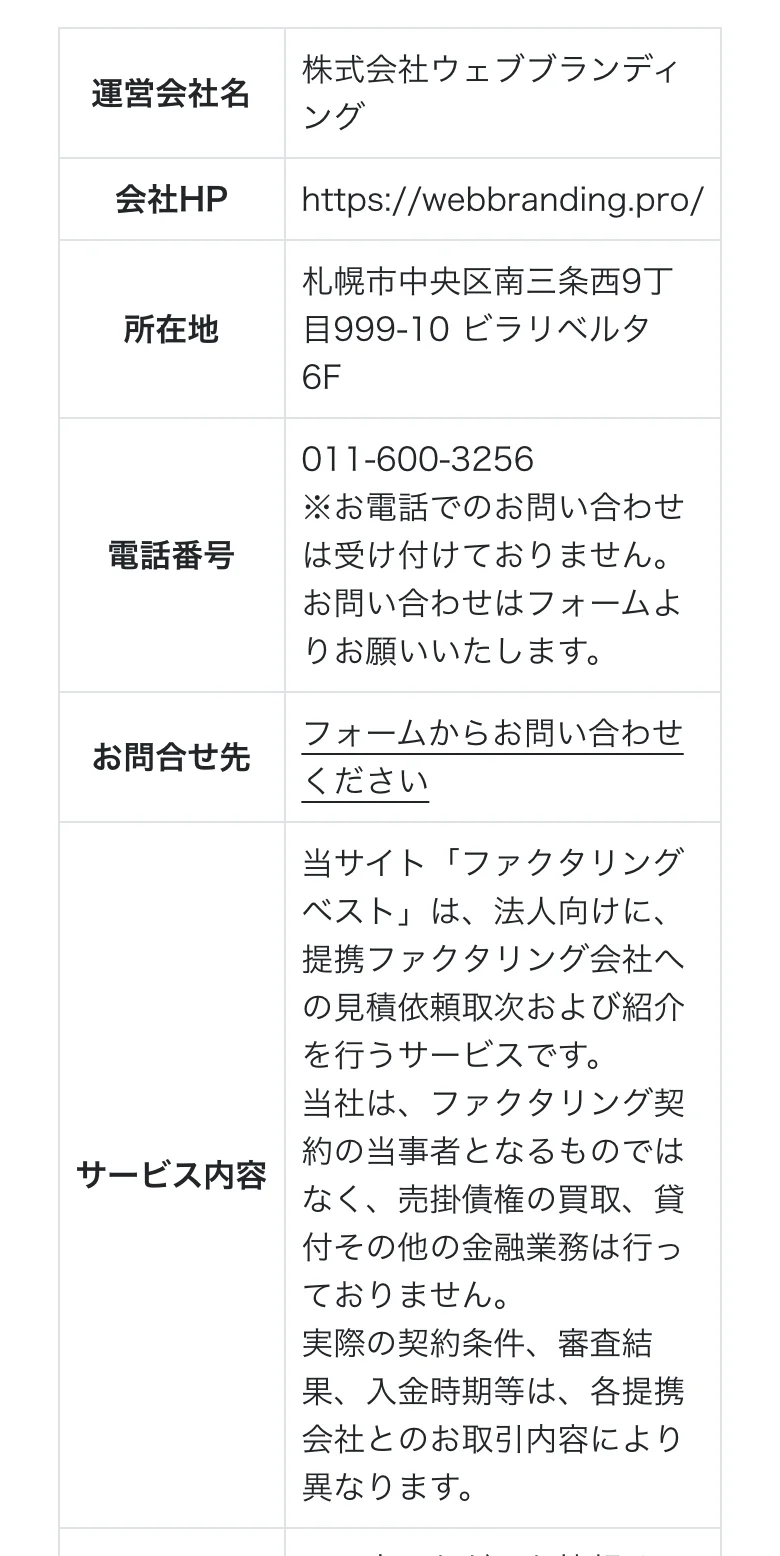 ファクタリングベスト公式「運営会社情報」（2026年10月11日に撮影）