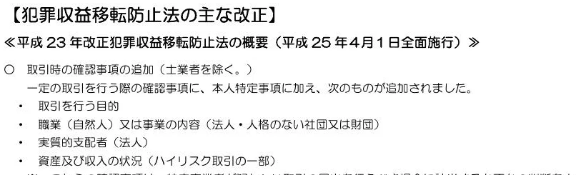 警察庁（JAFIC）「犯罪収益移転防止法の概要」（令和6年4月1日時点）より、平成23年改正の概要
