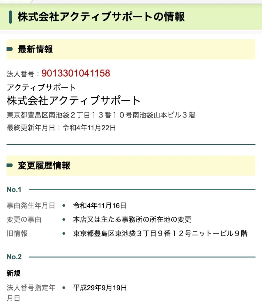 国税庁 法人番号公表サイト「株式会社アクティブサポートの情報」（2026年10月9日に撮影）
