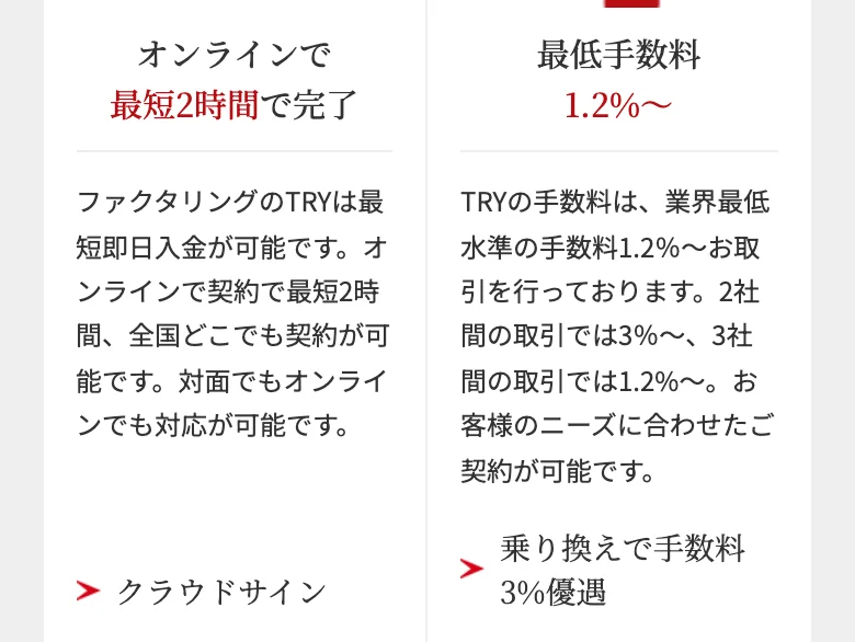 ファクタリングのトライ公式（トップ）の手数料（2026年10月11日に撮影）