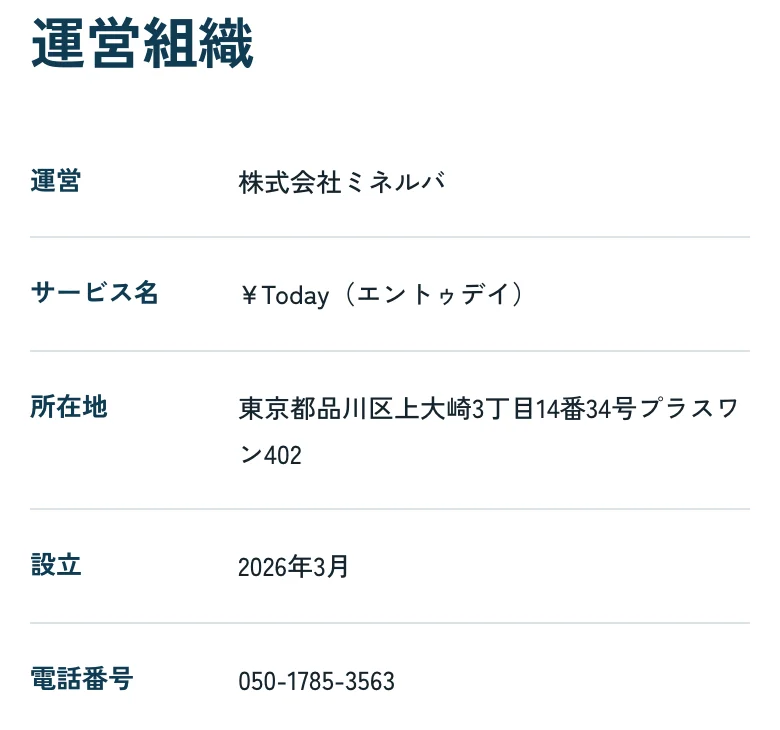 ¥Today公式「運営組織」(2026年10月11日に撮影)