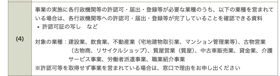 ゆうちょ銀行「法人口座を開設されるお客さまへ」の、許可の写しを求める業種の欄（2026年10月9日に撮影）